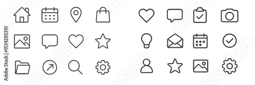 Vector flat illustration of various simple icons representing daily activities and digital interactions in a modern setting