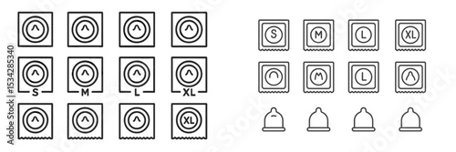 Unique vector flat illustration of condom packaging sizes displayed in a grid format for educational awareness on safe practices