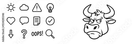 Cartoon cow face with expressive emotions and various icons representing everyday concepts