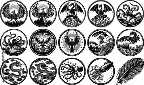 Collection of Black and White Dinosaur and Dragon Silhouette Logos