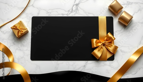 Elegant black gift card adorned with a golden ribbon and bow, accompanied by small golden gifts and ribbons on a marble surface.