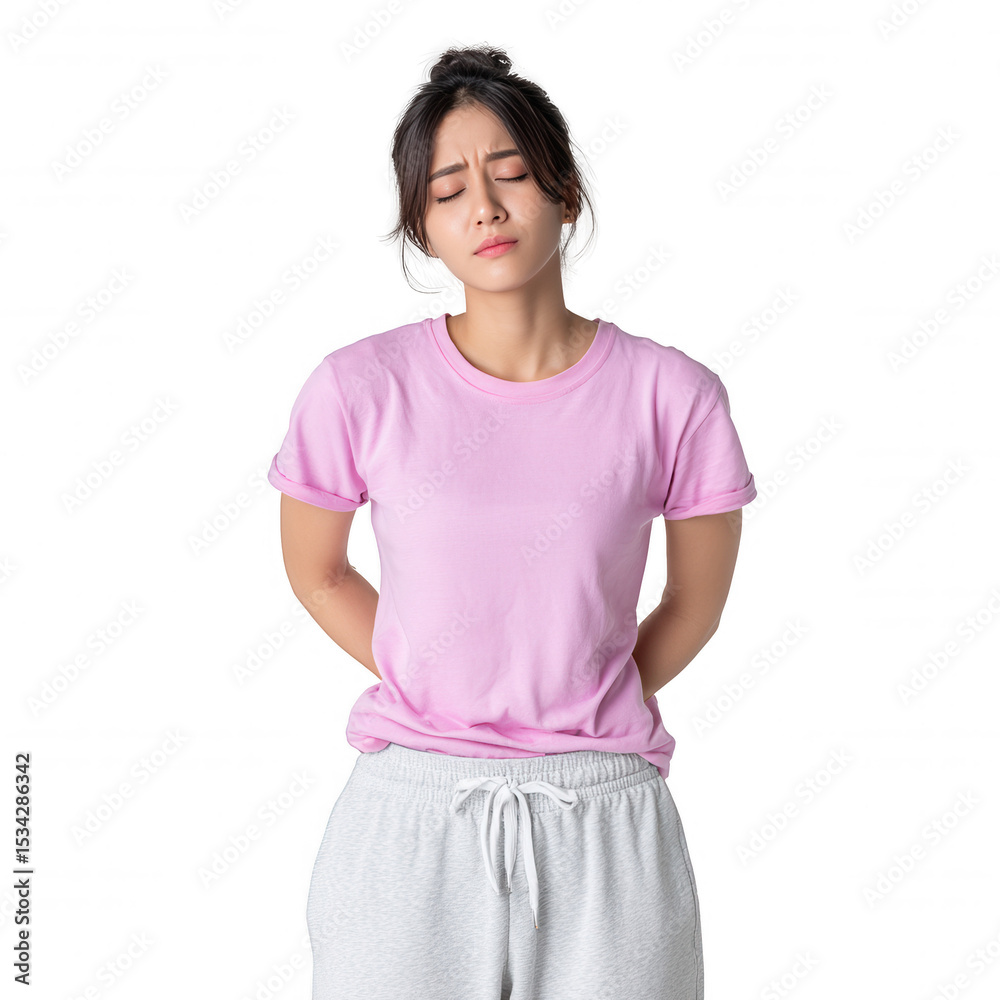 Fototapeta premium Sad Young Asian Woman With Back Pain