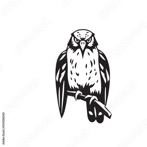 Vector art of a stern black and white vector owl perches on a branch, isolated on white background