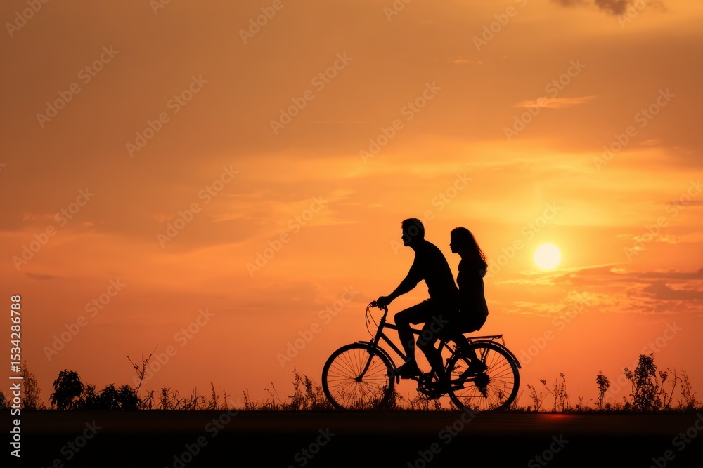 Obraz premium Sunset Silhouette: Couple Cycling at Golden Hour
