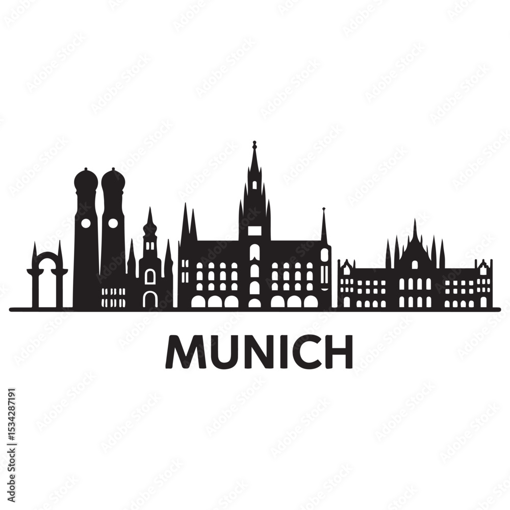 Fototapeta premium Vector Munich skyline. Travel Munich famous landmarks. Business and tourism concept for presentation, banner, web site. Vector black silhouette. with white background