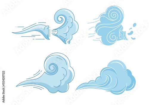 Exhaled breath cloud illustration with smooth swirl, symbolizing letting go in light blue tones