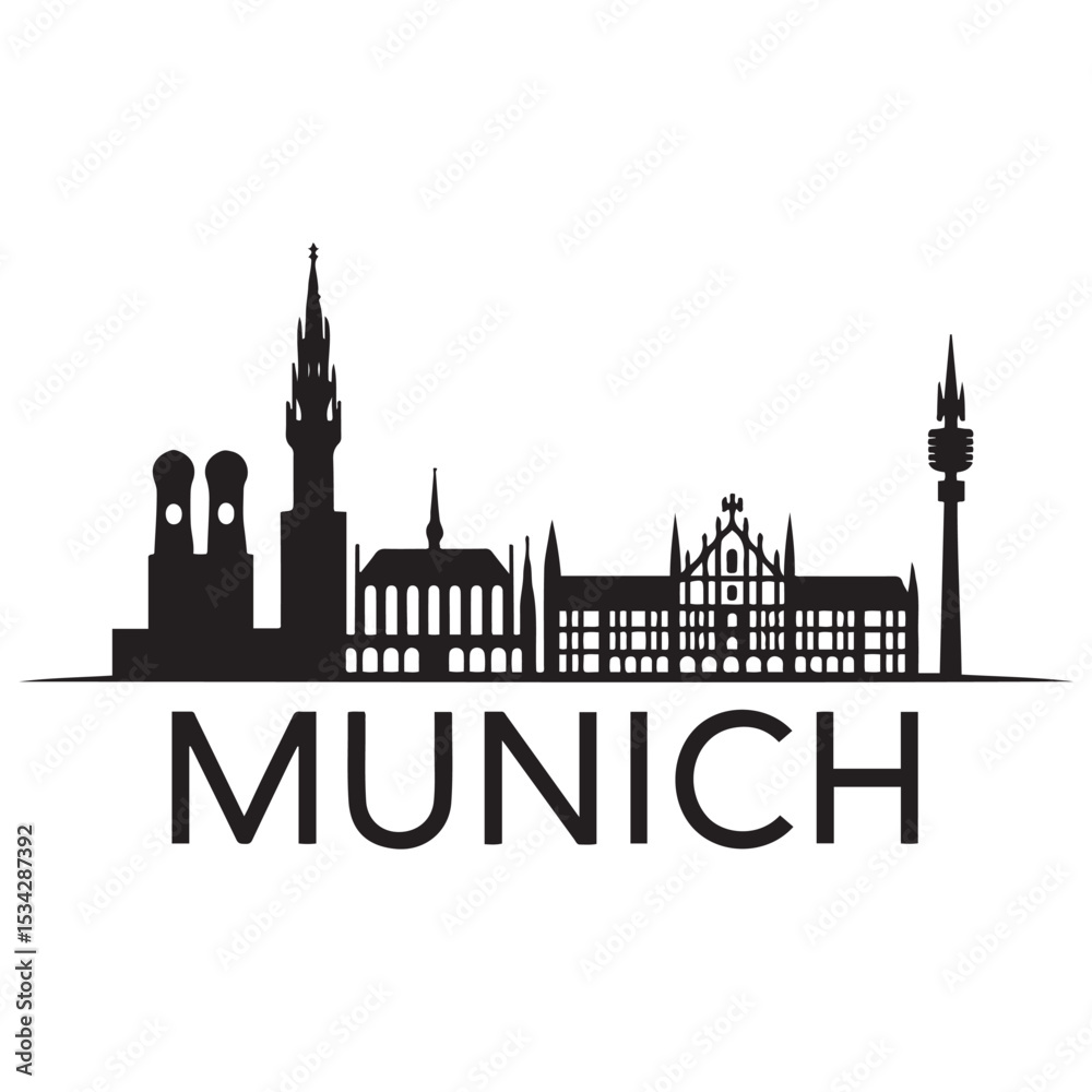 Fototapeta premium Vector Munich skyline. Travel Munich famous landmarks. Business and tourism concept for presentation, banner, web site. Vector black silhouette. with white background