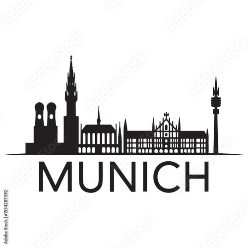 Vector Munich skyline. Travel Munich famous landmarks. Business and tourism concept for presentation, banner, web site. Vector black silhouette. with white background