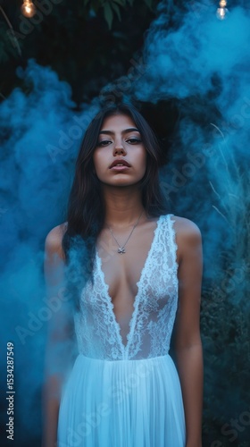 Enigmatic Beauty in Smoky Veil Woman in White Lace Dress