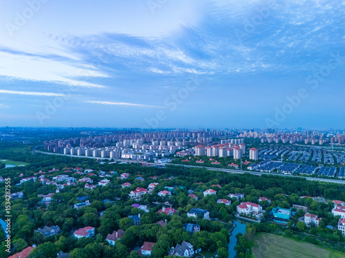 aerial view of urban scenery in the suburbs at sunset, Shanghai.