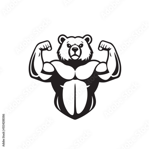 Vector art of a muscular bear flexing its biceps, isolated on white background