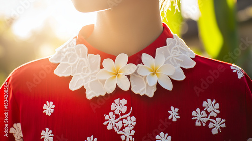 Red-and-white kebaya collar with jasmine flowers and batik patterns, symbolizing Indonesian Independence Day pride.