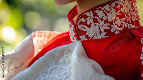 Red-and-white kebaya collar with jasmine flowers and batik patterns, symbolizing Indonesian Independence Day pride.