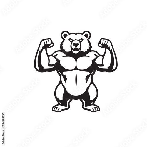 Vector art of a muscular bear flexing its biceps, isolated on white background