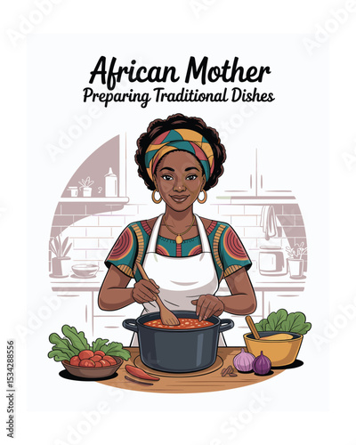 African Mother Cooking: Illustration of a Woman Preparing Traditional Food