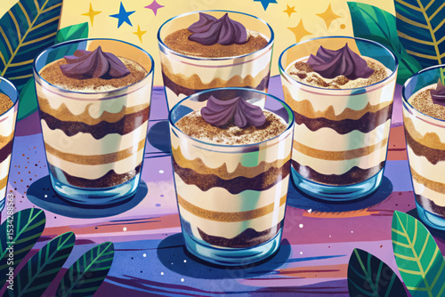 Layered tiramisu in elegant glass cups topped with cocoa powder delicious Italian dessert vector illustration perfect for menus, recipe cards, cafes, and patisserie branding