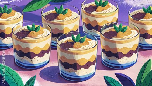 Layered tiramisu in elegant glass cups topped with cocoa powder delicious Italian dessert vector illustration perfect for menus, recipe cards, cafes, and patisserie branding