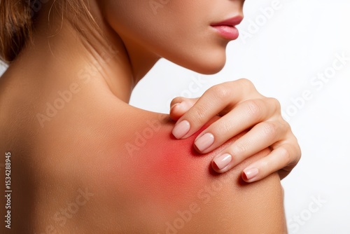 woman touching red sunburn shoulder