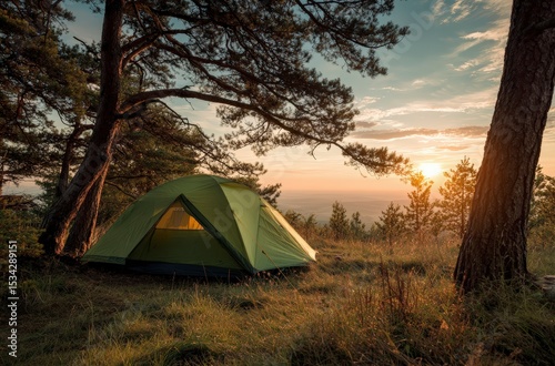 tent camping during sunset light