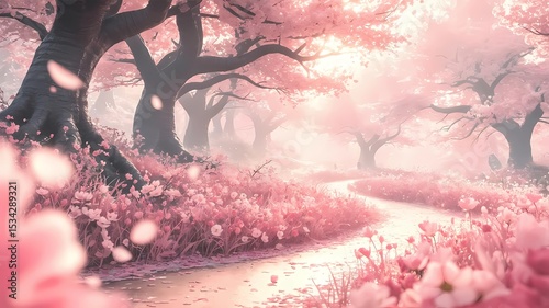 Serene Path Through a Forest of Pink Blossoms and Lush Greenery
