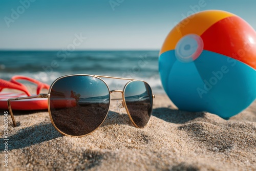 sunglasses and ball on sand