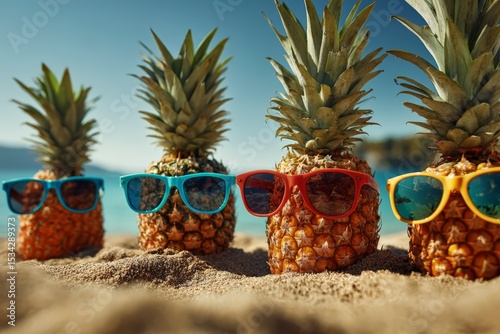 tropical pineapples wearing sunglasses