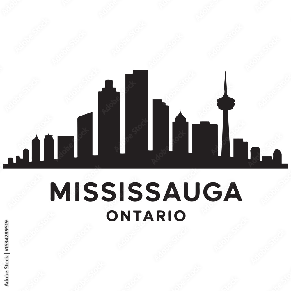 Fototapeta premium Mississauga skyline horizontal banner. Mississauga, Ontario. Vector template for your design. Vector black silhouette. with white background