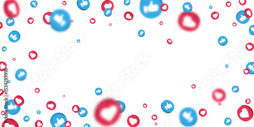 3D heart like icons in red, blue, and white flying on white background. Perfect for social media, love, and engagement themes. Vector Illustration