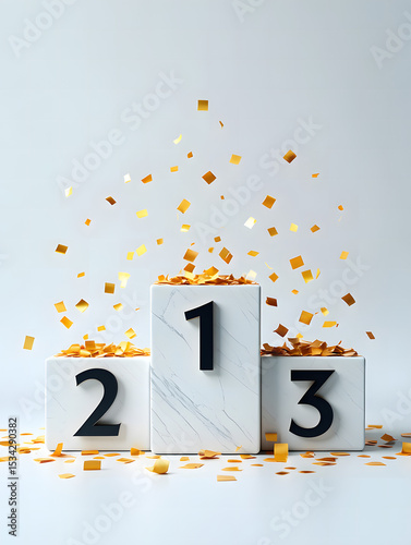 Stylish white marble winner's podium with black numbers 1, 2, and 3, showered in golden square confetti. Perfect for elegant victory, awards, premium success, achievement, and celebration themes