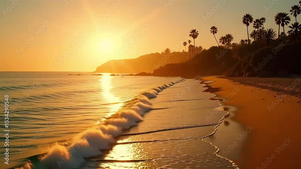 Golden Sunset Beach Paradise: Serene ocean waves gently caress the sandy shore at sunset palm trees silhouette against a vibrant sky creating a picturesque tropical beach scene perfect for relaxation 