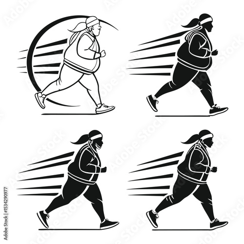 Plus size woman running fitness vector illustrations