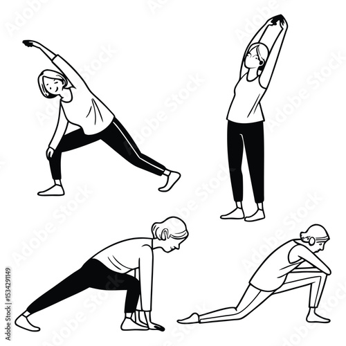 Four women performing different yoga stretching exercises