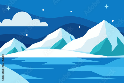 Abstract winter landscape with mountains and frozen lake