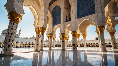 Blue and gold detail Islamic Grand mosque interior Architecture.