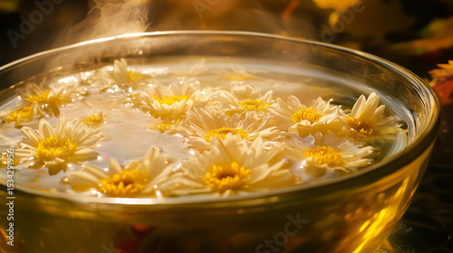 Steaming chrysanthemum tea with golden mist, evoking warmth and serenity in autumn.