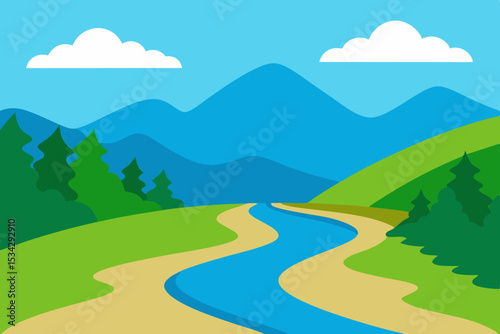 Serene river valley landscape illustration