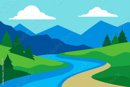 Serene river valley landscape illustration