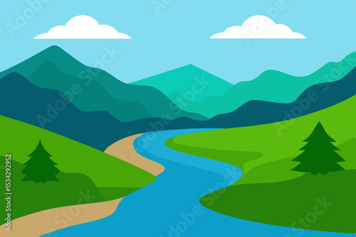 Serene river valley landscape illustration