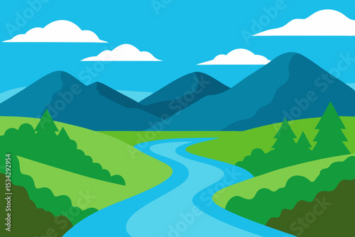 Serene river valley landscape illustration