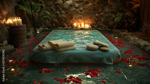 Stone spa bath with candles and rose petals