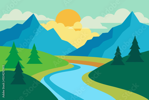Serene river valley landscape illustration