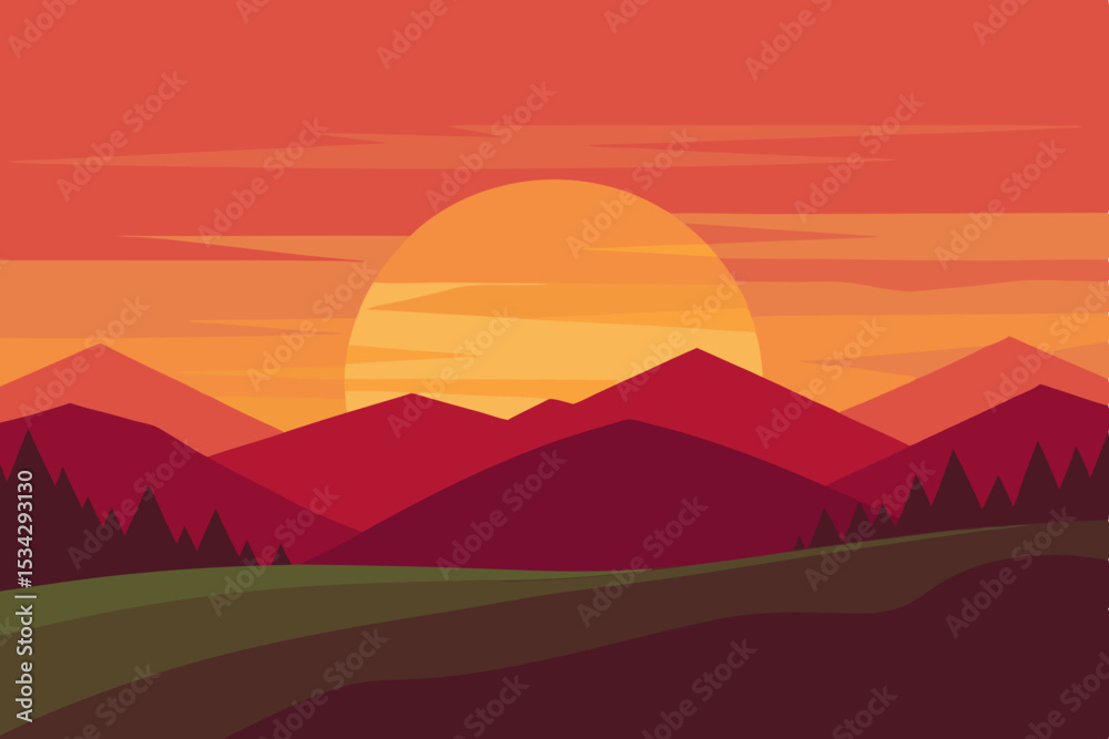 Obraz premium Sunset mountain landscape minimalist illustration