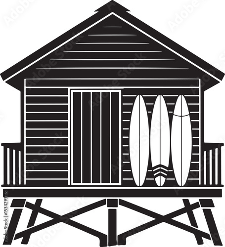 Black and white illustration of a coastal surf shack with three surfboards ready for surfing