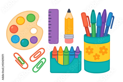 Creative workspace with colorful art supplies for students and artists in a vibrant flat vector illustration