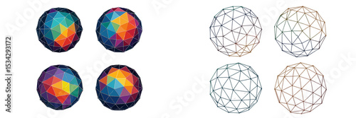 Vector flat illustration of colorful geometric spheres and wireframe designs showcasing modern abstract art concepts