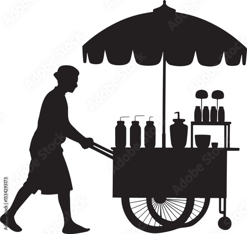 Street vendor silhouette pushing cart loaded with refreshments under parasol black and white illustration