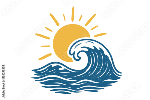 Vibrant ocean wave meeting a bright sun in a minimalist vector design during a sunny day