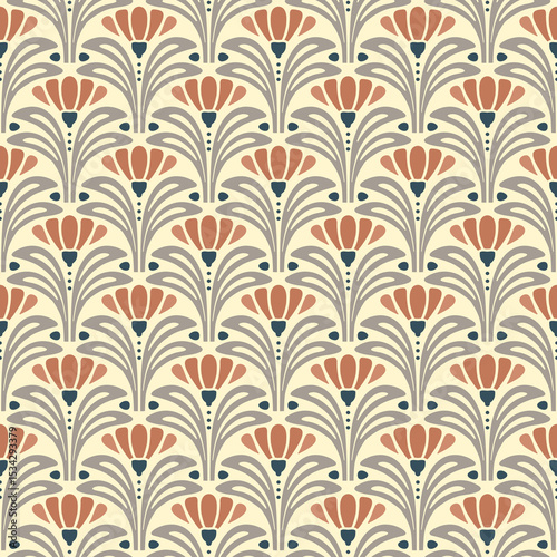 Vector seamless pattern beige tone flower, retro background decorate, gray leaf, orange botanical