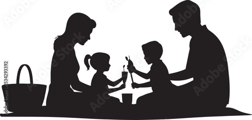 Family picnic silhouette enjoying meal together with children eating and sharing food outdoors