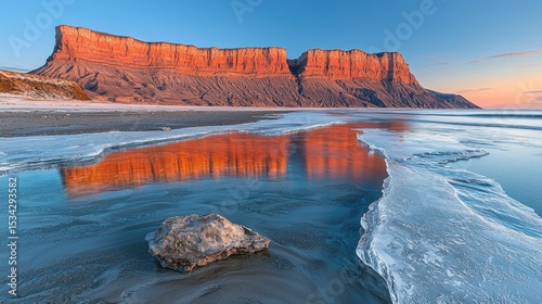Striking cliff reflects in icy shore at sunset